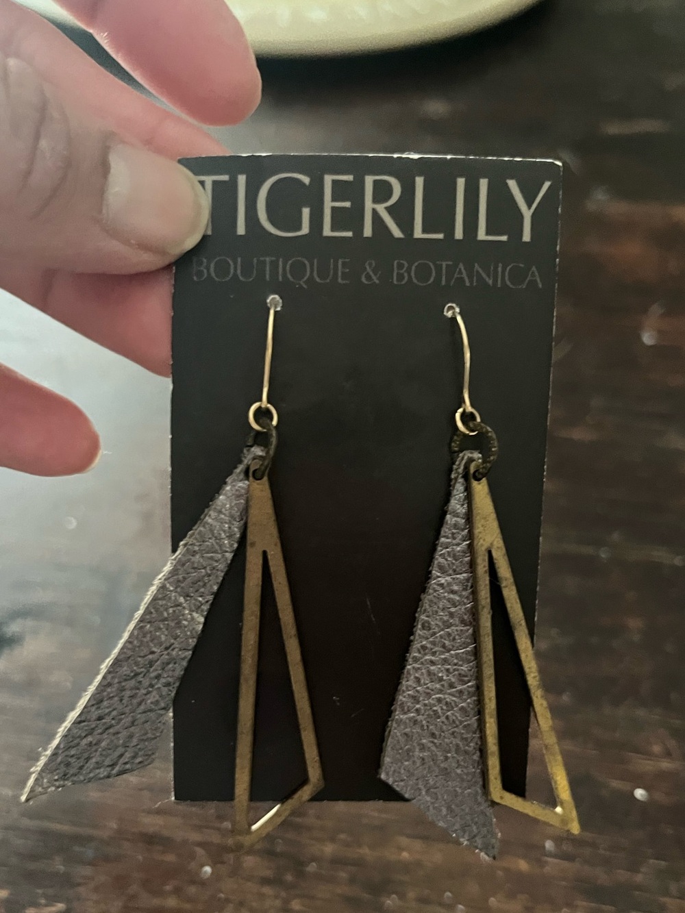 Tigerlily Gray Leather and Brass Triangle Drop Earrings